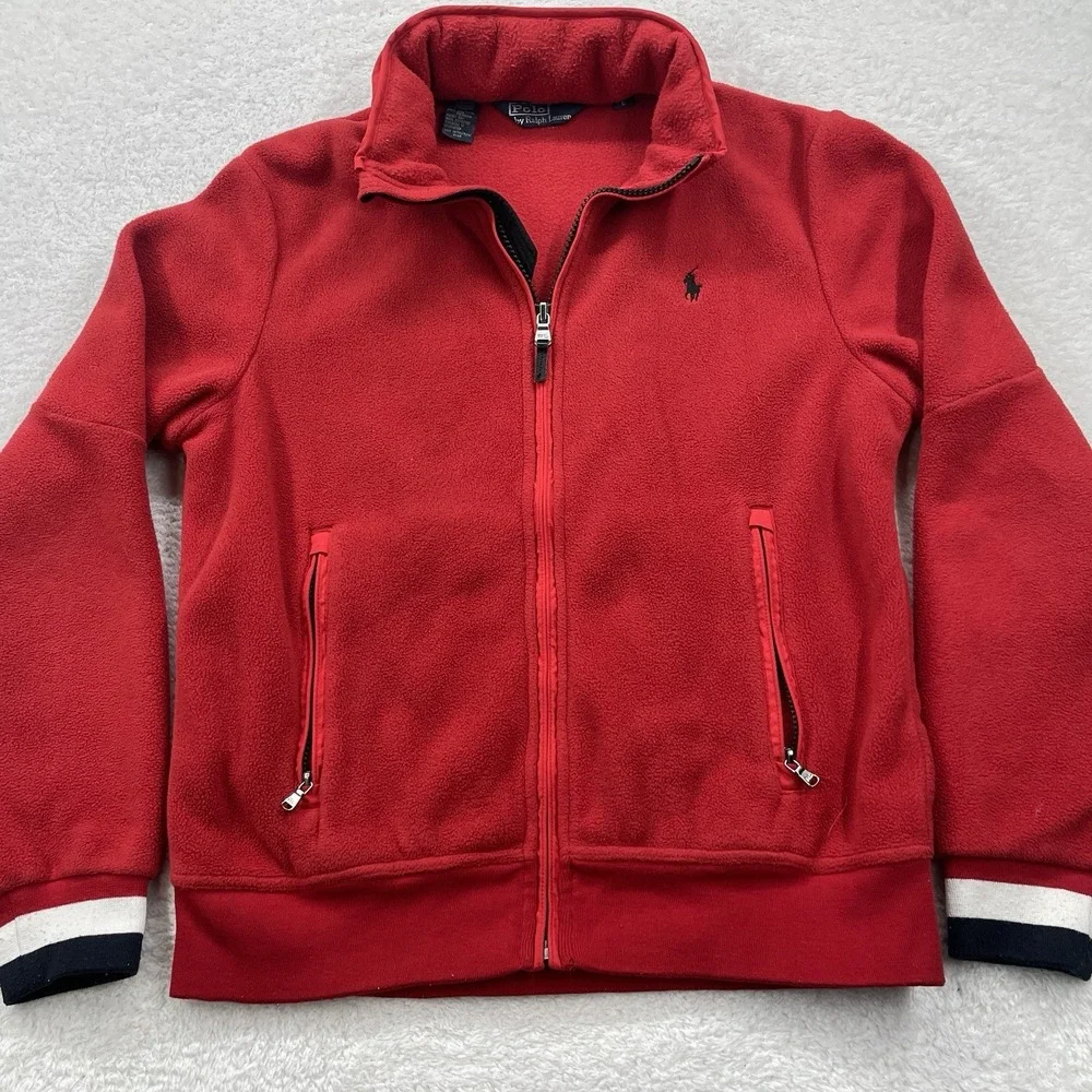 Vtg Polo Ralph Lauren Fleece Full Zip Jacket Mens Large Hood Collar Red‎ Striped